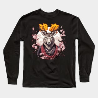 Deer God Samurai in Cherry Blossum Long Sleeve T-Shirt